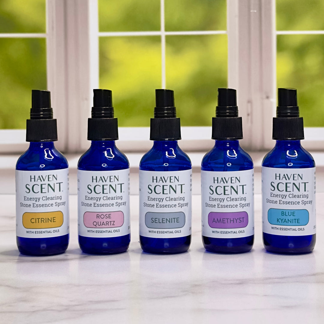 Stone Essence Sprays Immerse your space in the soothing energies of nature's gems with our Stone Essence Sprays. Crafted from the pure essence of crystals like Amethyst, Rose Quartz, and Citrine, each spray is infused with calming lavender to create a har