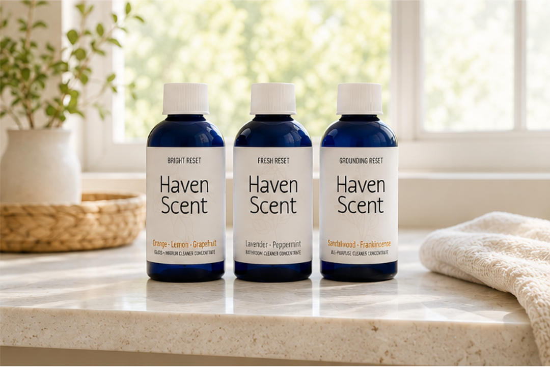 Three Haven Scent bottles on a bathroom counter with natural light.