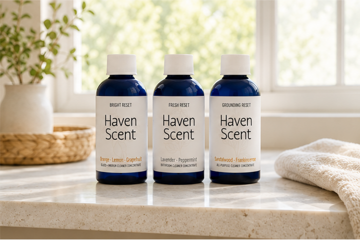 Three Haven Scent bottles on a bathroom counter with natural light.