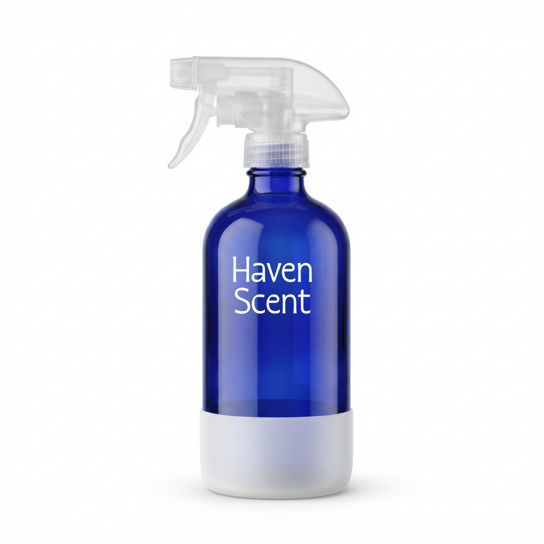 Blue spray bottle labeled 'Haven Scent' on a white background
