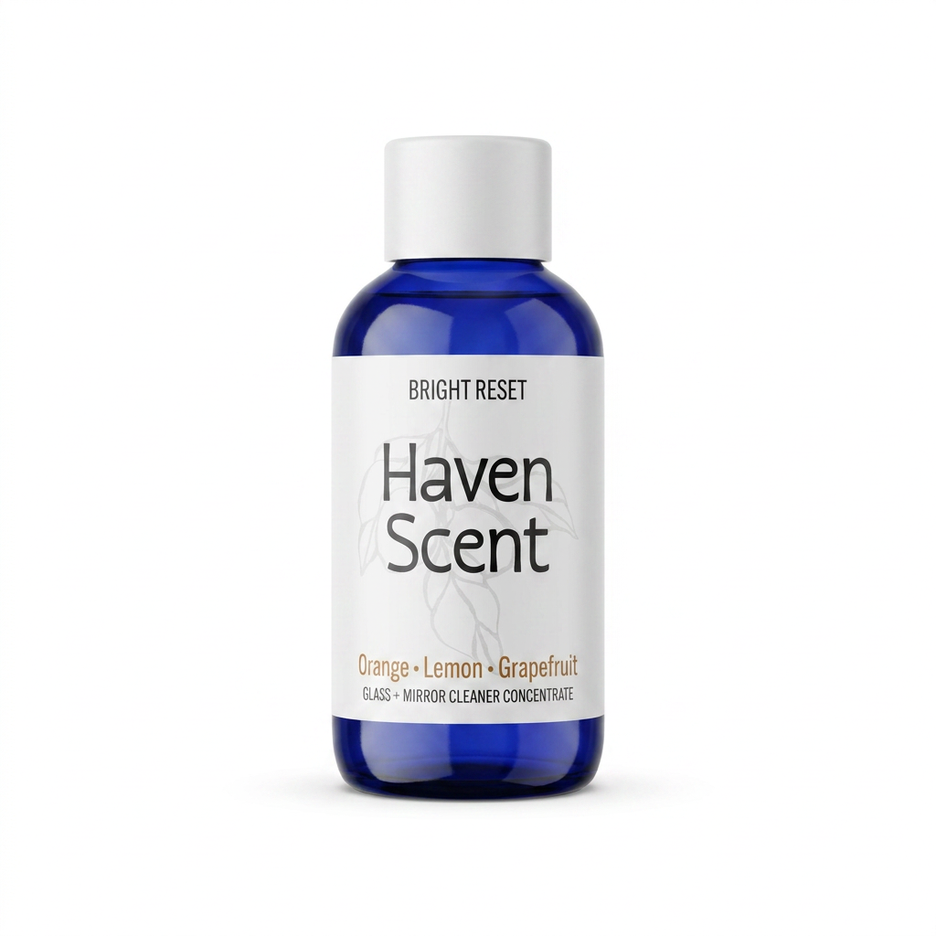 Blue bottle of Haven Scent with a white label on a white background