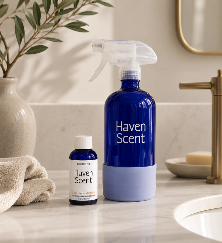A blue Haven Scent spray bottle with a clear trigger sprayer and a light blue base stands on a bathroom counter beside a smaller matching bottle. The scene includes a vase with greenery, a folded towel, a brass faucet, and a soap dish with a bar of soap.