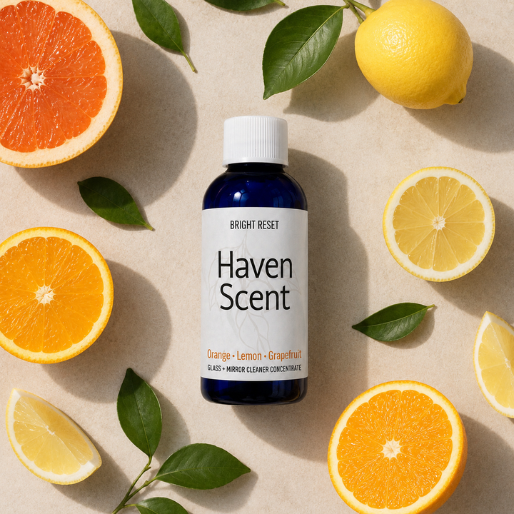 A bottle of Haven Scent glass and mirror cleaner concentrated liquid, surrounded by fresh orange slices, lemon halves, and green leaves on a light beige textured background.