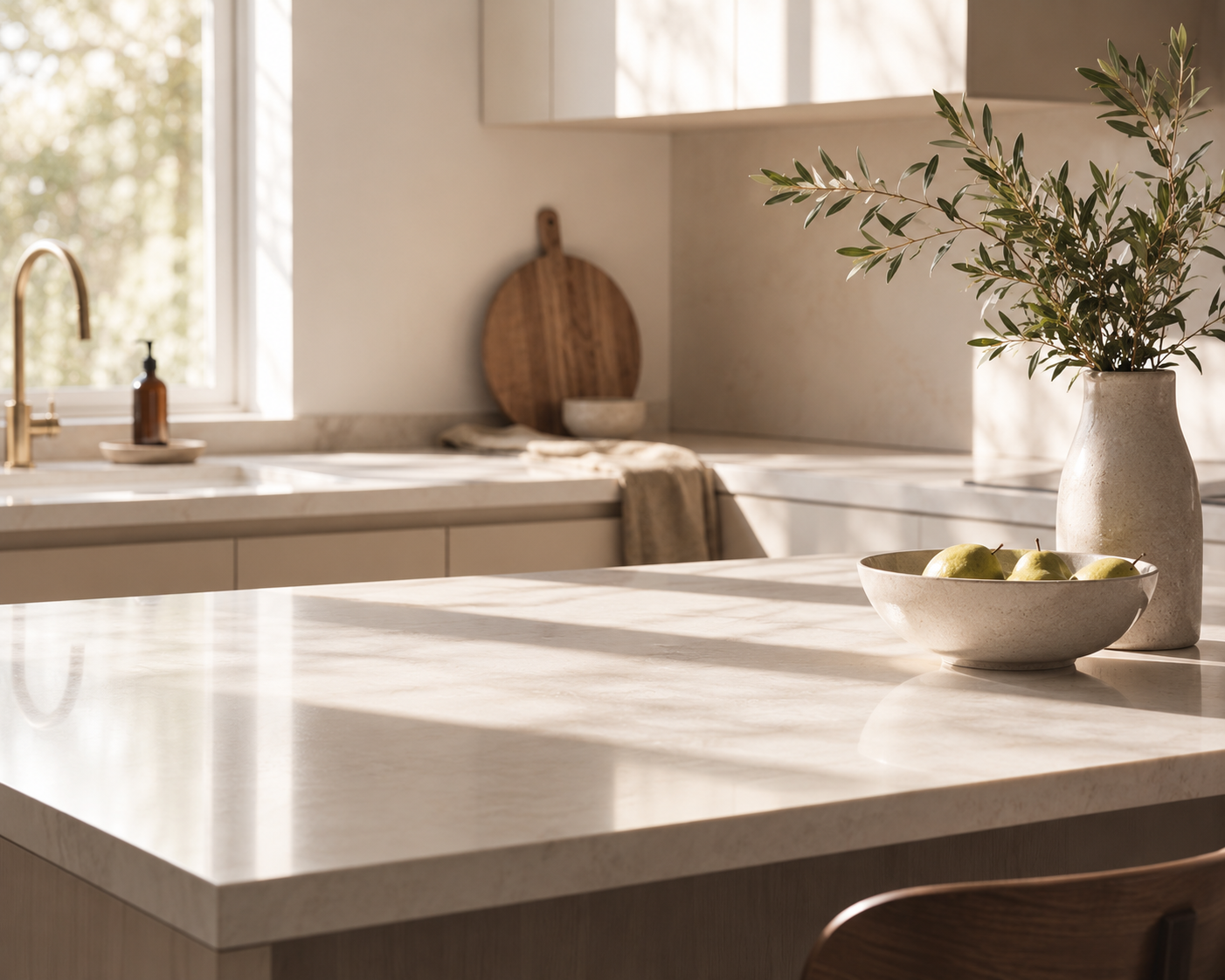 A bright, modern kitchen scene with a large white stone countertop in the foreground, a vase of greenery, a bowl of fruit, and cabinetry in the background.