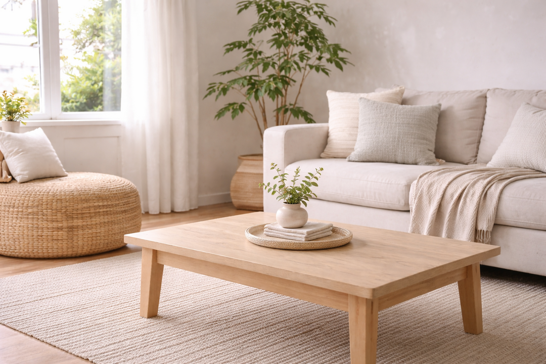 Living room with a beige sofa, wooden coffee table, and a plant.