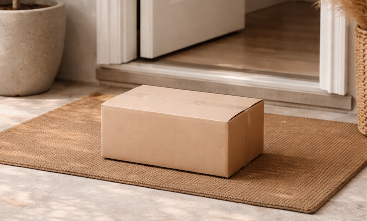 Brown cardboard box on a doormat outside a door