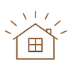 Outline of a house with a window and sun rays on a white background