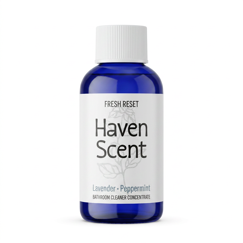 Bottle of Haven Scent bathroom cleaner concentrate on a white background