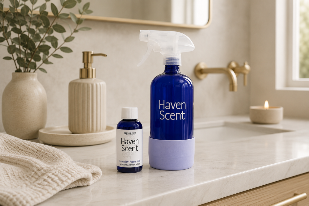 Two Haven Scent bottles on a bathroom counter: a larger cobalt blue spray bottle with a lavender base and a smaller matching blue bottle, styled with a soap dispenser, towel, candle, and mirror in a bright bathroom setting.