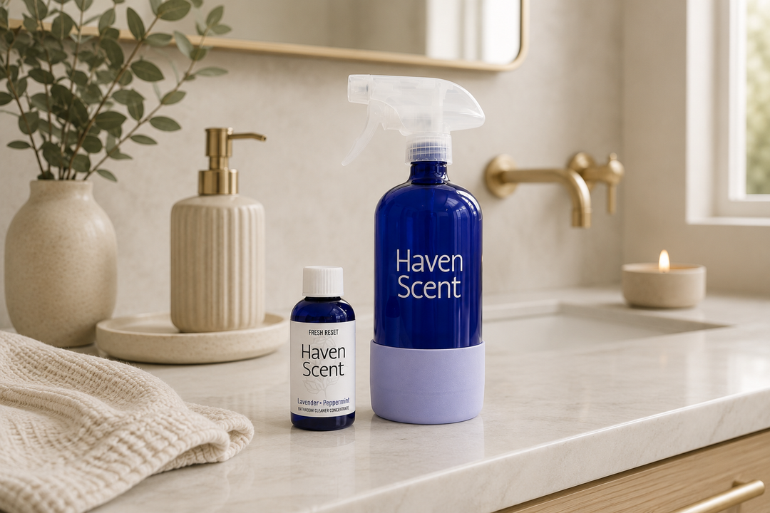 Two Haven Scent bottles on a bathroom counter: a larger cobalt blue spray bottle with a lavender base and a smaller matching blue bottle, styled with a soap dispenser, towel, candle, and mirror in a bright bathroom setting.