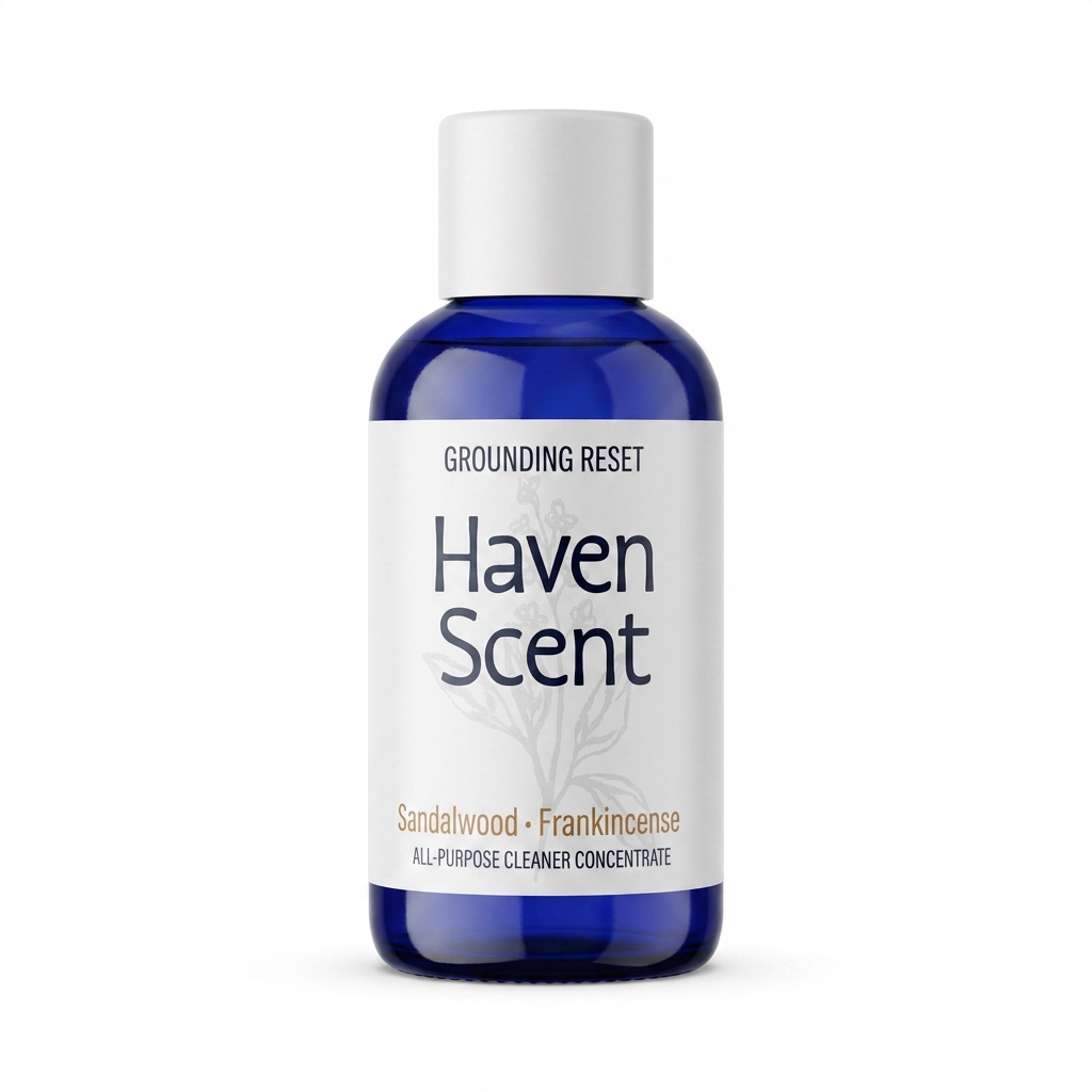 Blue bottle of Haven Scent all-purpose cleaner concentrate on a white background