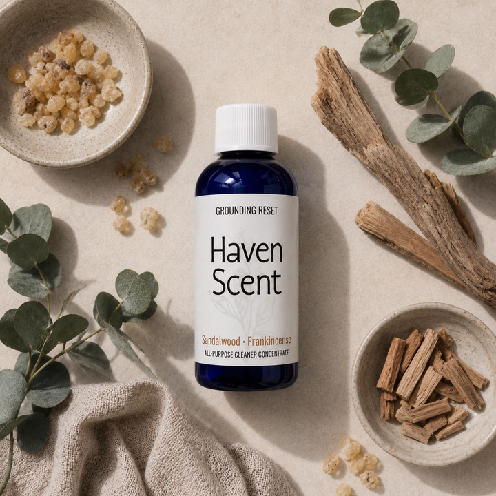 A bottle of Haven Scent Grounding Reset all-purpose cleaner concentrate, styled in a flat-lay with eucalyptus leaves, sandalwood, and wood chips on a neutral beige background.