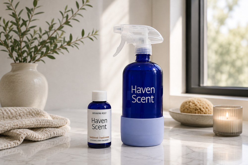 A blue Haven Scent room spray bottle with a white trigger sprayer and a light blue base sits on a marble countertop next to a smaller matching bottle. The scene is styled with a potted plant, a folded towel, a sponge, and a lit candle near a window.