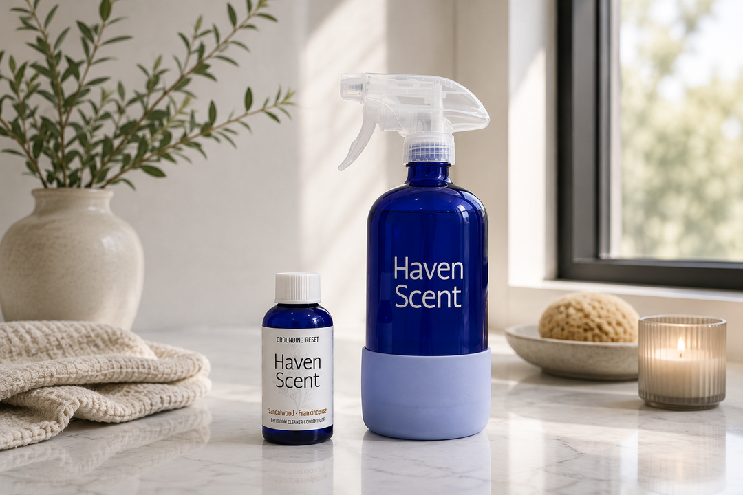 A blue Haven Scent room spray bottle with a white trigger sprayer and a light blue base sits on a marble countertop next to a smaller matching bottle. The scene is styled with a potted plant, a folded towel, a sponge, and a lit candle near a window.