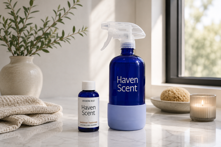A blue Haven Scent room spray bottle with a white trigger sprayer and a light blue base sits on a marble countertop next to a smaller matching bottle. The scene is styled with a potted plant, a folded towel, a sponge, and a lit candle near a window.