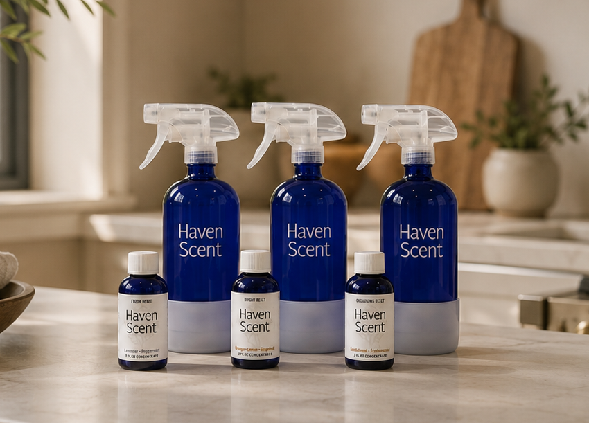 Six Haven Scent home fragrance products arranged on a countertop in a softly blurred kitchen setting. The set includes three cobalt blue spray bottles with white trigger tops and three matching small bottles with white caps and white labels.