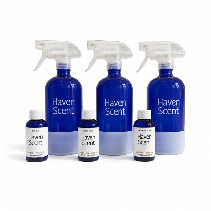 Set of Haven Scent products including bottles and sprays on a white background