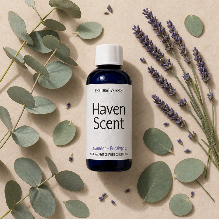 A bottle of Haven Scent yoga meditation cleaner concentrated liquid, surrounded by eucalyptus leaves and lavender sprigs on a textured beige background.
