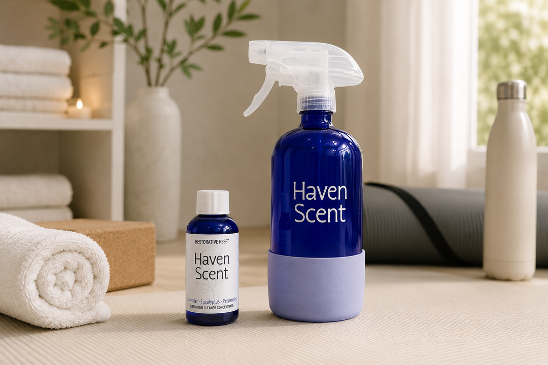 A blue spray bottle and a smaller matching bottle labeled Haven Scent, shown on a tabletop in a softly styled indoor setting with folded towels, a plant, and a water bottle in the background.