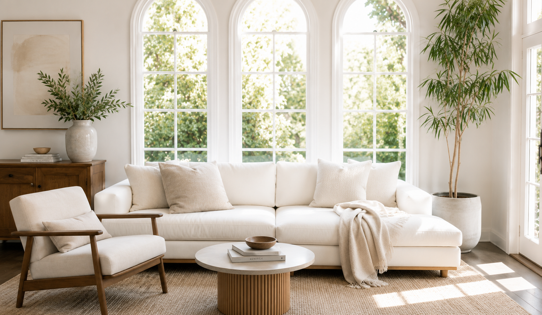 A bright, modern living room featuring a white sectional sofa with matching throw pillows, a white armchair with a wooden frame, a round ribbed coffee table, and a tall potted plant in front of three tall arched windows.