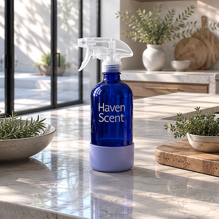 Blue Haven Scent spray bottle on a marble countertop with plants in the background